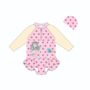 Costume da bagno galleggiante per bambine con stampa sirena e balena a pois rosa