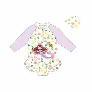 Set costume da bagno galleggiante per bambini con sirena e cuffia con stampe marine