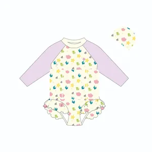 Costume da bagno galleggiante per bambine con motivo marino e cuffia abbinata