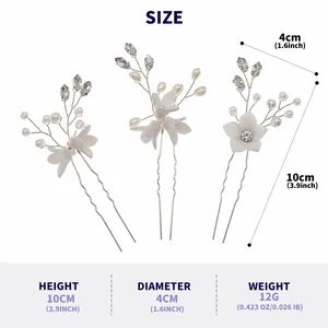 Dimensions of white flower bridal hair pins set with pearl and rhinestone details