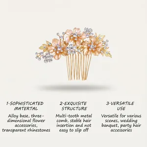 Peigne à cheveux de mariée luxueux avec fleurs en alliage doré et strass étincelants