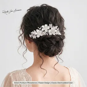 Peigne à Cheveux de Mariage Fleur Vintage Or Argent Alliage Strass Émail Blanc Feuille Coiffe de Mariée Banquet Bijoux Femme