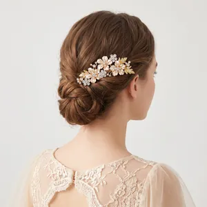 Peigne à cheveux de mariée avec fleurs en émail et strass pour chignons