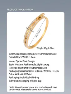 Detailed specifications of a gold titanium steel zipper bangle with sparkling crystals.