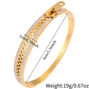 Detail view of gold titanium steel zipper bangle with crystals showing dimensions
