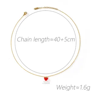 Detailed view of red heart pendant necklace with length and weight specifications