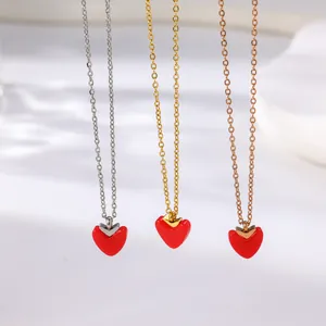 Women Stainless Steel Heart Pendant Necklace Red Enamel Drip Oil Heart Clavicle Chain Minimalist Jewelry Gift For Her