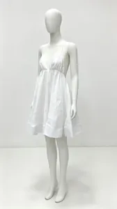 White deep V-neck backless pleated mini puffy dress for women shown on mannequin