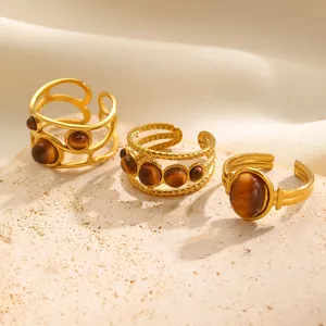 Vintage gold finish adjustable rings set with faux tiger eye stones for elegant women