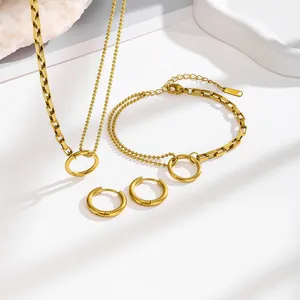 Women Minimalist Asymmetrical Titanium Steel Jewelry Set Gold Circle Ring Stitching Necklace And Bracelet Set