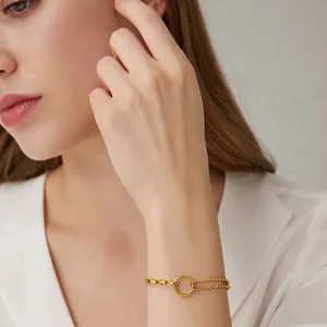 Elegant gold stainless steel bracelet with asymmetrical link and bead chains for women