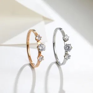 Minimalistische Roestvrijstalen Ring Met Drie Stenen Voor Dames Roségoud Zilver Geometrische Strass Vingerring Dagelijkse Sieraden