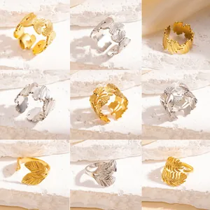 Bague Ouverte Ajustable en Acier Inoxydable Vintage pour Femmes Design Feuille Irrégulière Papillon Ginkgo Bijoux Esthétiques