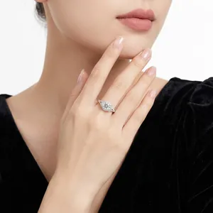 Elegant floral halo moissanite ring in S925 silver for women, classic split shank