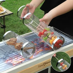 Κυλιόμενο καλάθι BBQ από ανοξείδωτο χάλυβα για κάμπινγκ και ψήσιμο λαχανικών