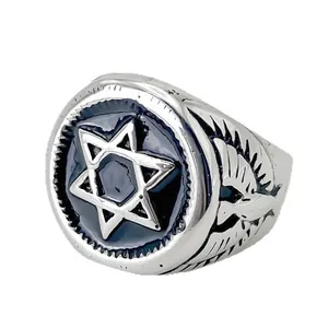 Vintage roestvrijstalen ring voor heren met Davidster, zwart emaille en adelaarsvleugels