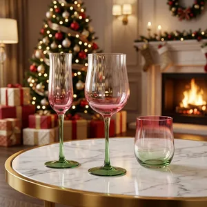 Mundgeblasene Vintage-Weingläser mit pink-grünem Farbverlauf in Weihnachtsdekoration
