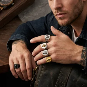 Punk Men Skull Stainless Steel Signet Ring Gothic Hip Hop Jewelry Gold Black Silver Polished Titanium Steel Band Ring