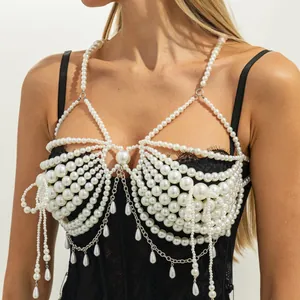 Mehrlagige Imitationsperlen Körperkette Für Damen Sexy Brustgeschirr Quasten Taillengürtel Schmuck Für Party Bankett Zubehör