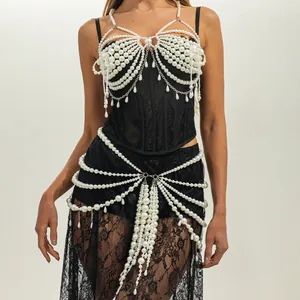 Übertriebenes mehrlagiges Perlen-Körperkettenset für Damen mit Brustkette und Taillenschmuck