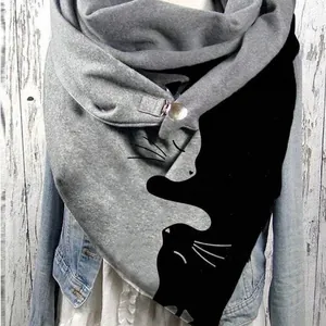 Élégant châle d'hiver chaud et épais avec un motif de chat noir sur un fond gris