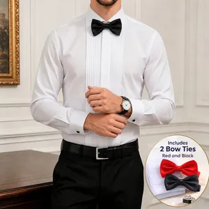 Chemise de Smoking Formelle pour Hommes Avec Col Cassé Et Noeud Papillon Boutons de Manchette Plissé Devant Manches Longues Mélange de Coton pour Mariage Banquet Performance