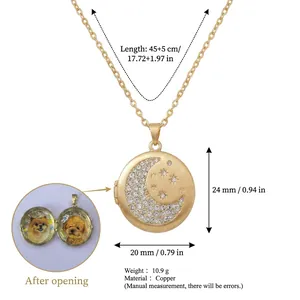 Collar relicario de oro con luna y estrellas y colgante para foto personalizable