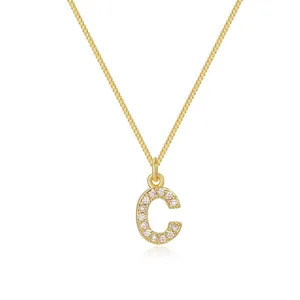 Elegant 14k gold plated box chain necklace with a sparkling cubic zirconia letter C pendant.