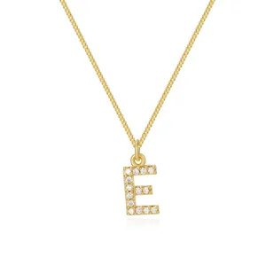 14k gold plated copper necklace with cubic zirconia letter E pendant and box chain
