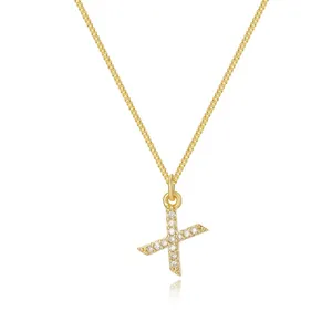Exquisite 14K gold plated box chain necklace with crystal encrusted letter X pendant for women