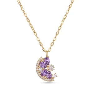 Collier élégant en acier titane doré avec pendentif en zircone violette en forme de goutte