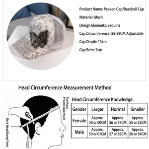 Detailed size chart and measurement guide for mesh sequin butterfly baseball cap
