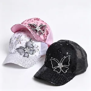 Trio of fashionable mesh baseball caps with butterfly rhinestone motifs and sequin brim details