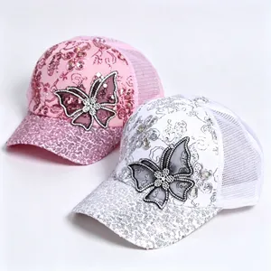 Women Rhinestone Butterfly Baseball Cap Sequined Mesh Trucker Hat Breathable Sunshade Fashion Casual Outdoor Party Accessory