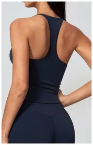 Detailed back view of a navy blue racerback yoga tank top with a tight sport fit