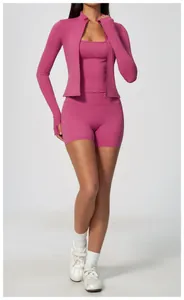 Magenta three-piece yoga set featuring long sleeve jacket, tank top, and athletic shorts