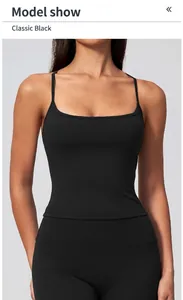 Close-up detail of a premium black nude-feel yoga tank top featuring elegant slim straps