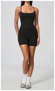 Close-up of black naked-feel yoga tank top and high-waist sports shorts set