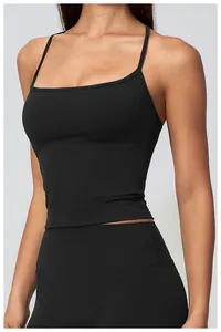 Detailed view of black slim-fit yoga tank top with thin straps for fitness.