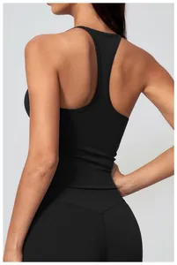 Detailed back view of a black racerback yoga tank top with soft naked feel fabric.