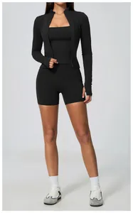 Women's black three-piece yoga sports set with zip jacket and high waist biker shorts.