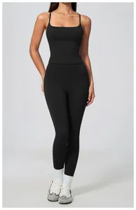 Close-up of black naked-feel yoga tank top and high-waist sports leggings set