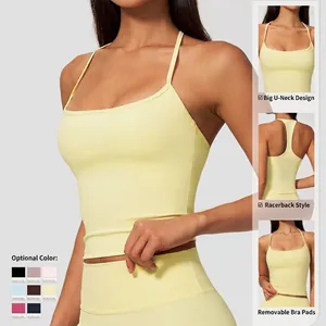 High-stretch nude feeling yoga tank top with racerback design in a soft pale yellow color