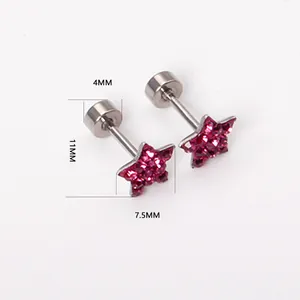 Close-up detail showing dimensions of pink crystal star stud earrings in stainless steel