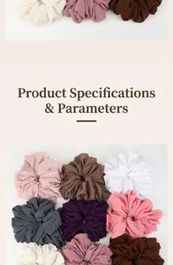 Multiple colors of chiffon hair scrunchies shown in flat lay and lifestyle settings