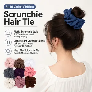 Solid Color Chiffon Scrunchies High Elasticity Hair Ties Voluminous Ruffled Headbands For Women