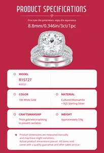 Close-up detail and specifications of luxury Moissanite silver ring with 3ct stone