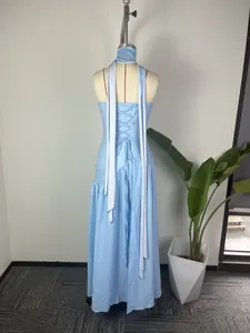 Détail d'une robe longue bleu clair avec un dos lacé style corset et une écharpe blanche