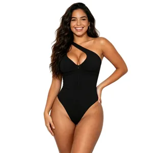 Elegant black one-shoulder seamless shaping bodysuit with front zipper and cutout