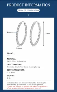 Vue détaillée des boucles d'oreilles créoles S925 moissanite 15 mm avec dimensions.